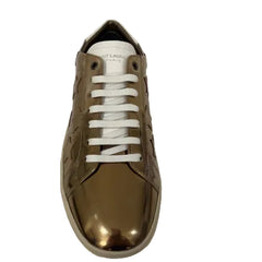 Brown high-top sneakers with white laces on a white background