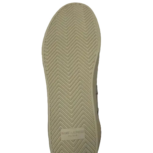 Close-up of a shoe sole with a zigzag pattern on a white background