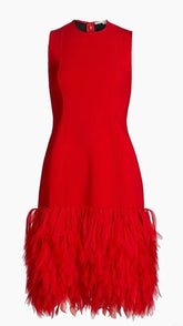 Red dress with feathered hem on a white background