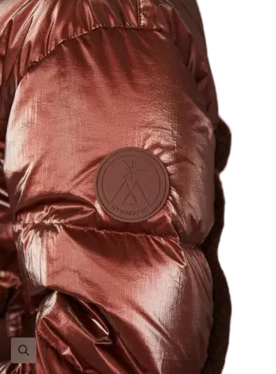 Shearling Pioneer Puffer Ski Jacket in Cherry Chocolate by My Sunday Ski on a website.