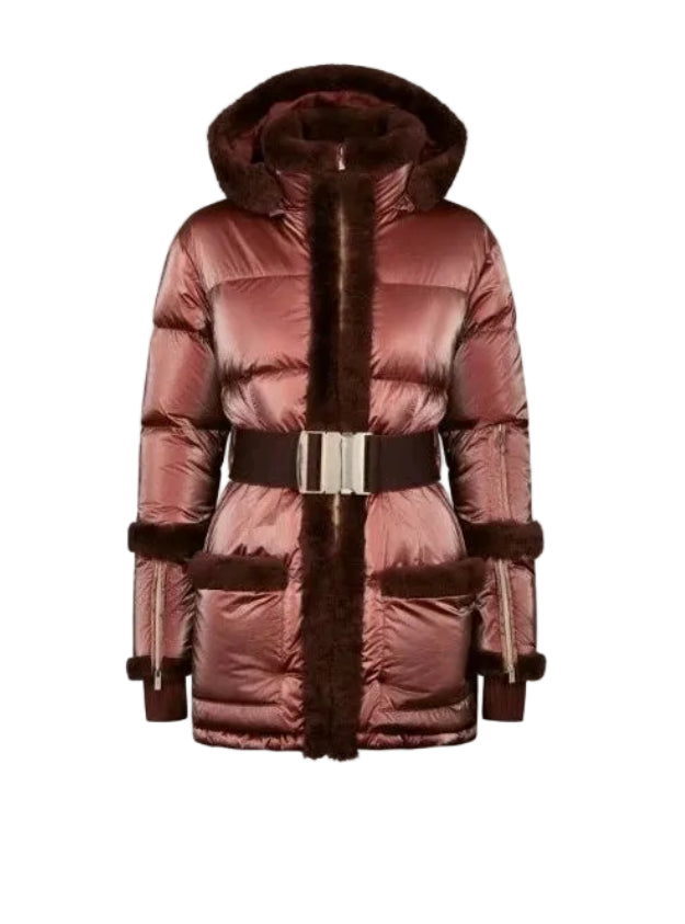 Pink puffer coat with fur trim on a white background