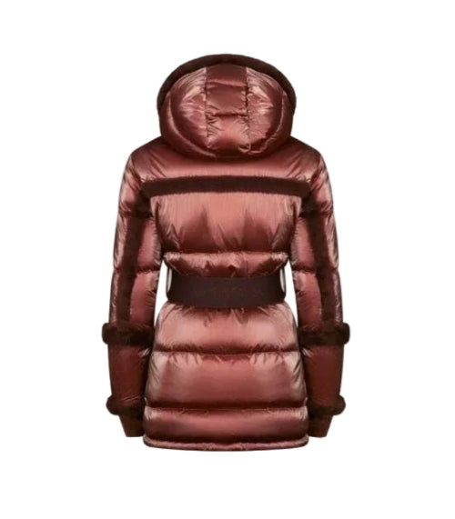 Brown puffer jacket with a hood on a white background