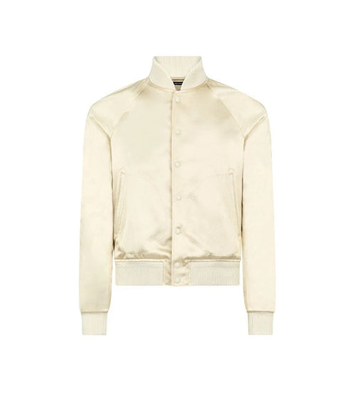 Cream-colored bomber jacket on a white background