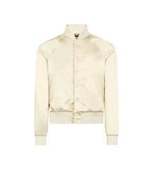 Cream-colored bomber jacket on a white background