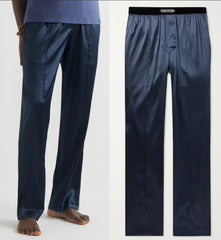 A pair of men's dark blue trousers shown from the waist down on a model, alongside a flat product view on the right, against a white background.