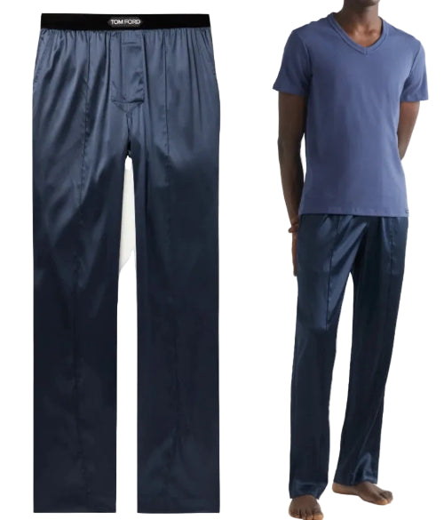 A side-by-side comparison of a pair of men's dark blue pants shown on a mannequin (left) and worn by a model (right). The pants feature a relaxed, straight-leg fit with a drawstring waistband.