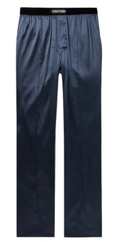 Tom Ford navy blue satin trousers with a black elastic waistband featuring the white TOM FORD logo, shown flat on a light background.