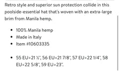 A text-based product information card on a white background describing a retro-style sun hat woven with extra-large brim from Manila hemp, listing features such as 100% Manila hemp, made in Italy, item number 1060335, and EU sizes 55-59 with measurements.