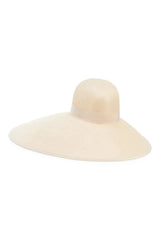 A light beige wide-brimmed sun hat with a matching ribbon band, shown against a plain white background.
