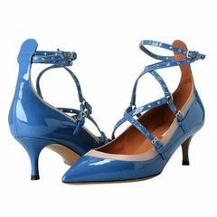 Blue high-heeled shoes with strappy design on a white background