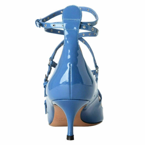 Blue high-heeled shoe with a unique design on a white background