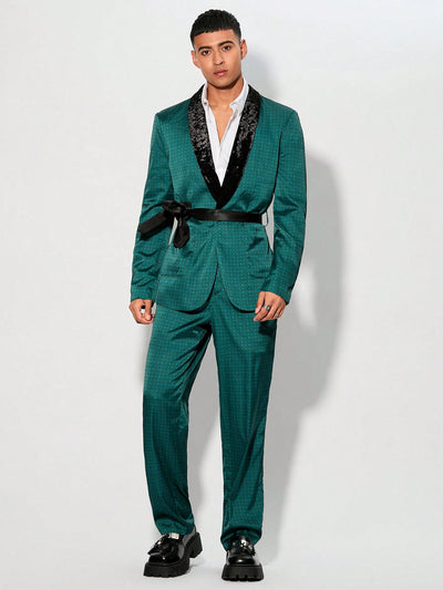 Green Velvet Texture Suit With Weave And Tie