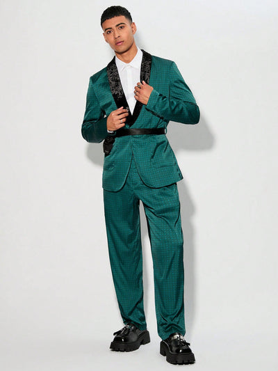 Green Velvet Texture Suit With Weave And Tie