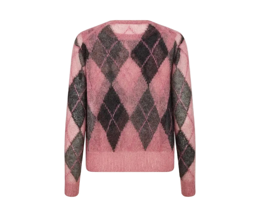 A pink knit sweater with a classic argyle pattern in shades of pink, red, and dark brown, shown against a plain white background.