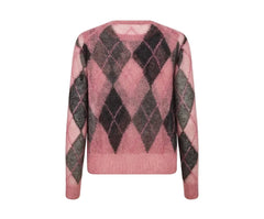 A pink knit sweater with a classic argyle pattern in shades of pink, red, and dark brown, shown against a plain white background.