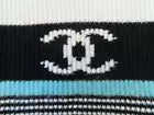 CHANEL White/Black/Turquoise Crew Neck Pullover Sweater