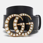 Gucci Black Leather GG Marmont Pearl Embellished Buckle Belt 100CM