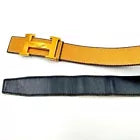 HERMES H Logo Reversible Belt Gold Hardware Beige x Navy Blue Leather Authentic