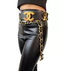 CHANEL Vintage 93P Runway Big CC Logo Belt Dangle Black Gold Leather Rank AB