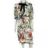 GUCCI White Silk Floral Snake Print Bow Accent Knee Length Long Sleeve Dress S