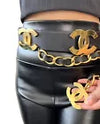 CHANEL Vintage 93P Runway Big CC Logo Belt Dangle Black Gold Leather Rank AB