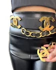 CHANEL Vintage 93P Runway Big CC Logo Belt Dangle Black Gold Leather Rank AB