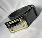 Authentic Dolce & Gabbana Logo Plate Buckle Leather Belt Black x Gold × Silver 34