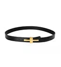 Tom Ford Men’s Black Leather Gold Metal T-Buckle Decorated Belt 34”/85cm