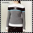 CHANEL White/Black/Turquoise Crew Neck Pullover Sweater