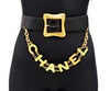 CHANEL Logo Chain Leather Belt 35" Gold Tone 93P Auth w/Box v1514