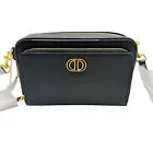 Authentic Christian Dior Caro Double Pouch Bag Shoulder Bag Black Leather