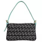 FENDI Zucchino Mini Baguette Black Canvas Blue Leather Shoulder Bag