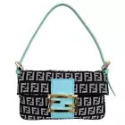 FENDI Zucchino Mini Baguette Black Canvas Blue Leather Shoulder Bag