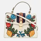 Gucci White Leather Floral Embroidered Medium Sylvie Top Handle Bag