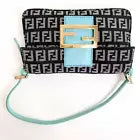 FENDI Zucchino Mini Baguette Black Canvas Blue Leather Shoulder Bag