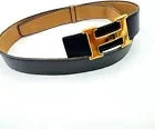 HERMES H Logo Reversible Belt Gold Hardware Beige x Navy Blue Leather Authentic