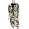 GUCCI White Silk Floral Snake Print Bow Accent Knee Length Long Sleeve Dress S