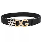 DOLCE & GABBANA DG Logo Metal Buckle Leather Belt Black Gold Silver Size 38