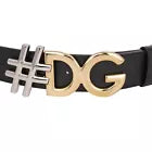 DOLCE & GABBANA DG Logo Metal Buckle Leather Belt Black Gold Silver Size 38