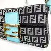 FENDI Zucchino Mini Baguette Black Canvas Blue Leather Shoulder Bag