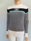 CHANEL White/Black/Turquoise Crew Neck Pullover Sweater