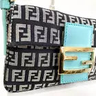 FENDI Zucchino Mini Baguette Black Canvas Blue Leather Shoulder Bag