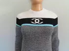 CHANEL White/Black/Turquoise Crew Neck Pullover Sweater