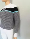 CHANEL White/Black/Turquoise Crew Neck Pullover Sweater