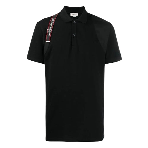 Black polo shirt with a red strap on a white background