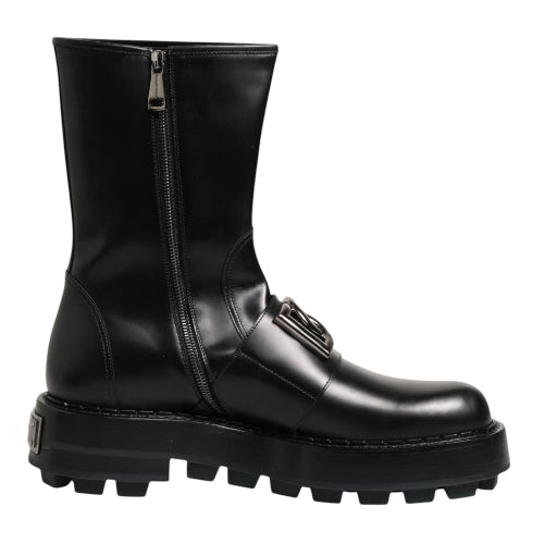 A black leather ankle boot with a side zipper, lace-up front, and chunky lug sole, shown against a plain white background.