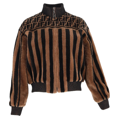 Brown and black striped jacket with a patterned top section on a white background