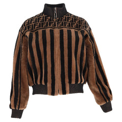 Brown and black striped jacket with a patterned top section on a white background