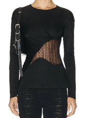 Black long-sleeve top with geometric pattern on a white background