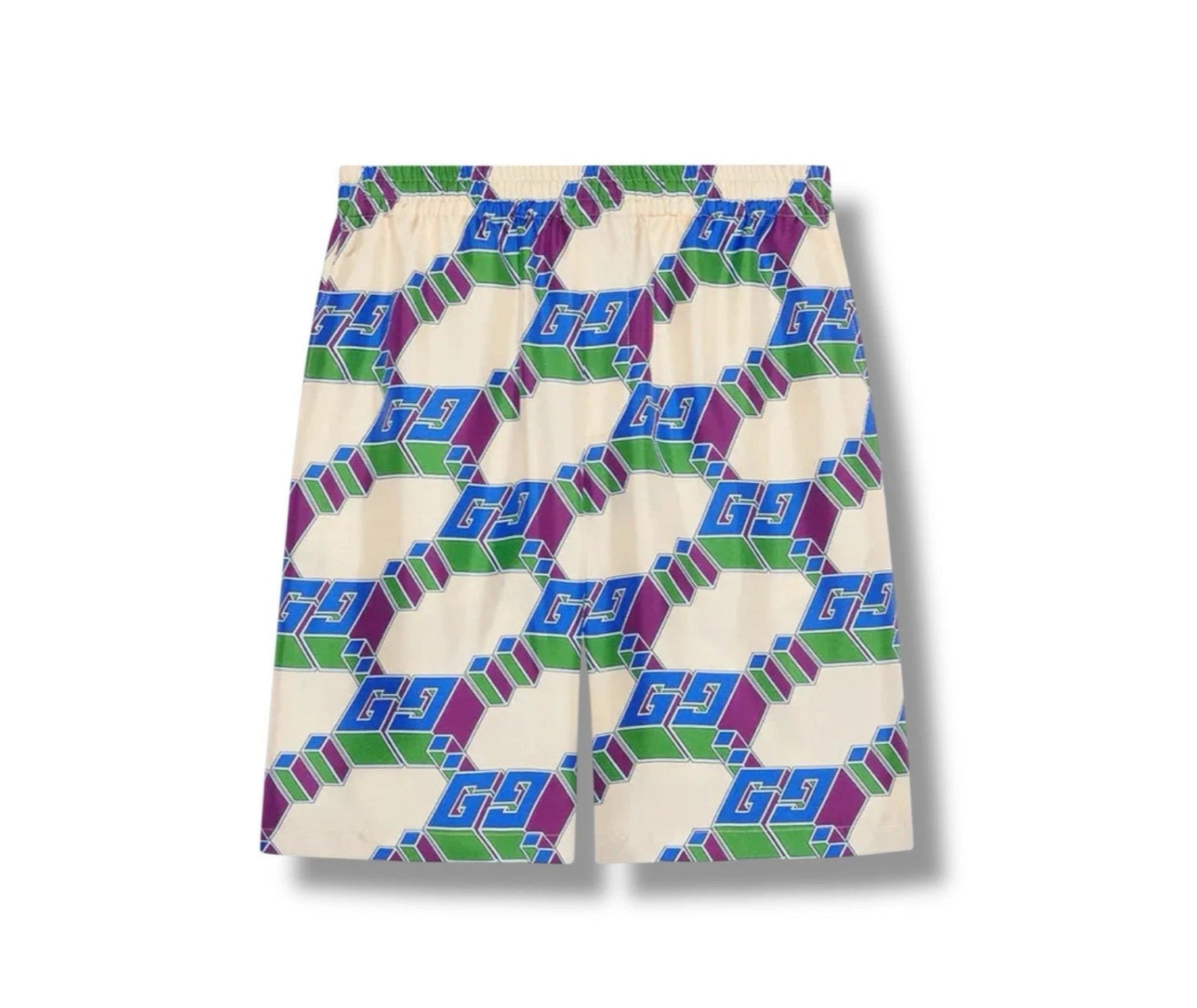 Beige shorts with geometric pattern on a white background